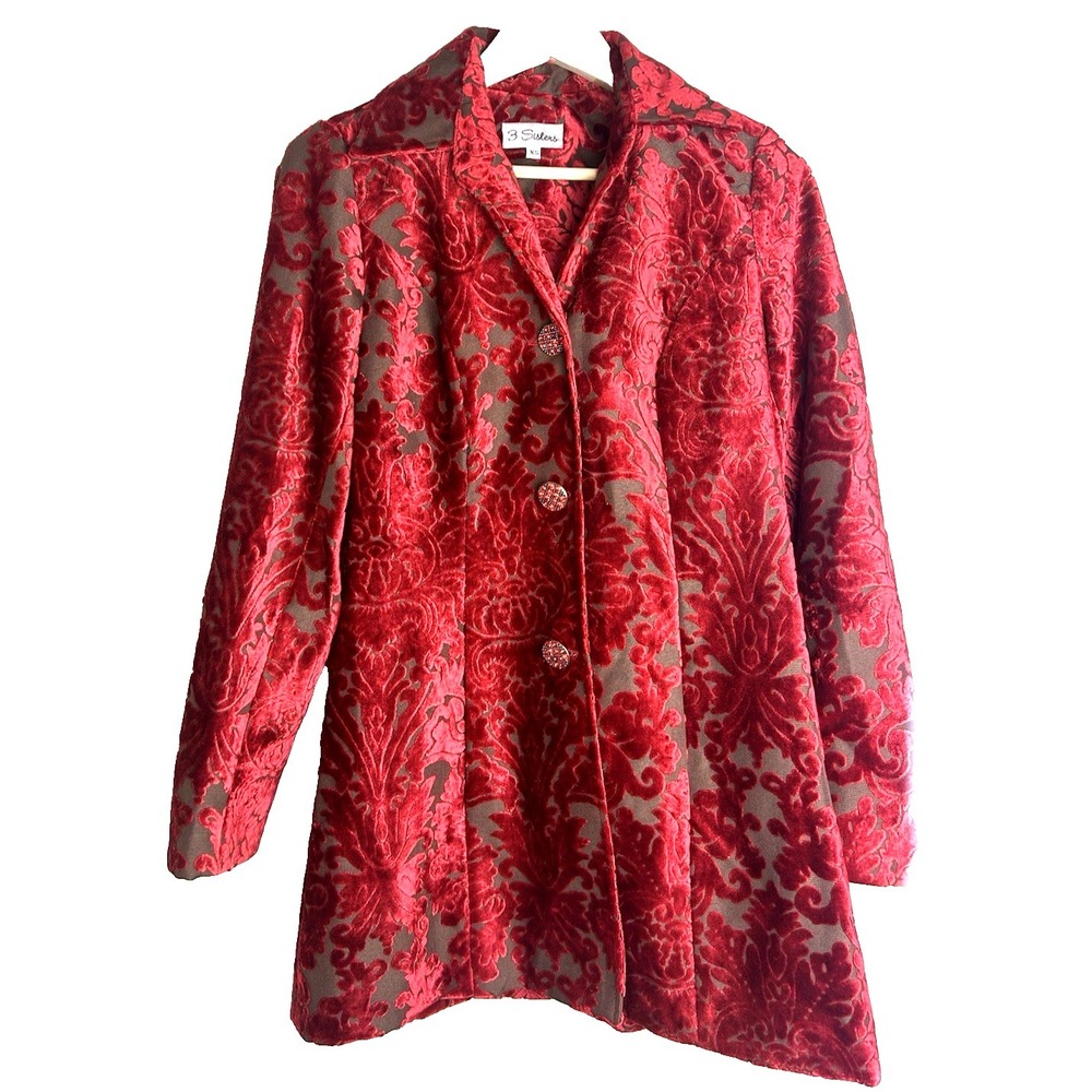 3 Sisters Velvet‎ Flocked Coat Y2K Boho Funky Artsy Red/Brown Size XS